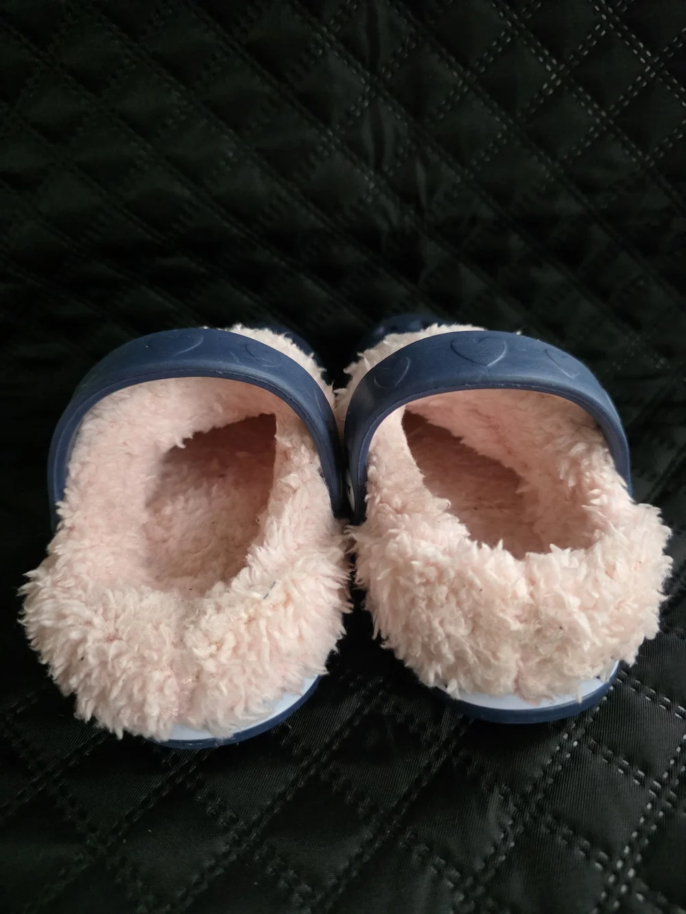 Koala Kids Navy Blue Clogs with Pink Fur and Heart Trim